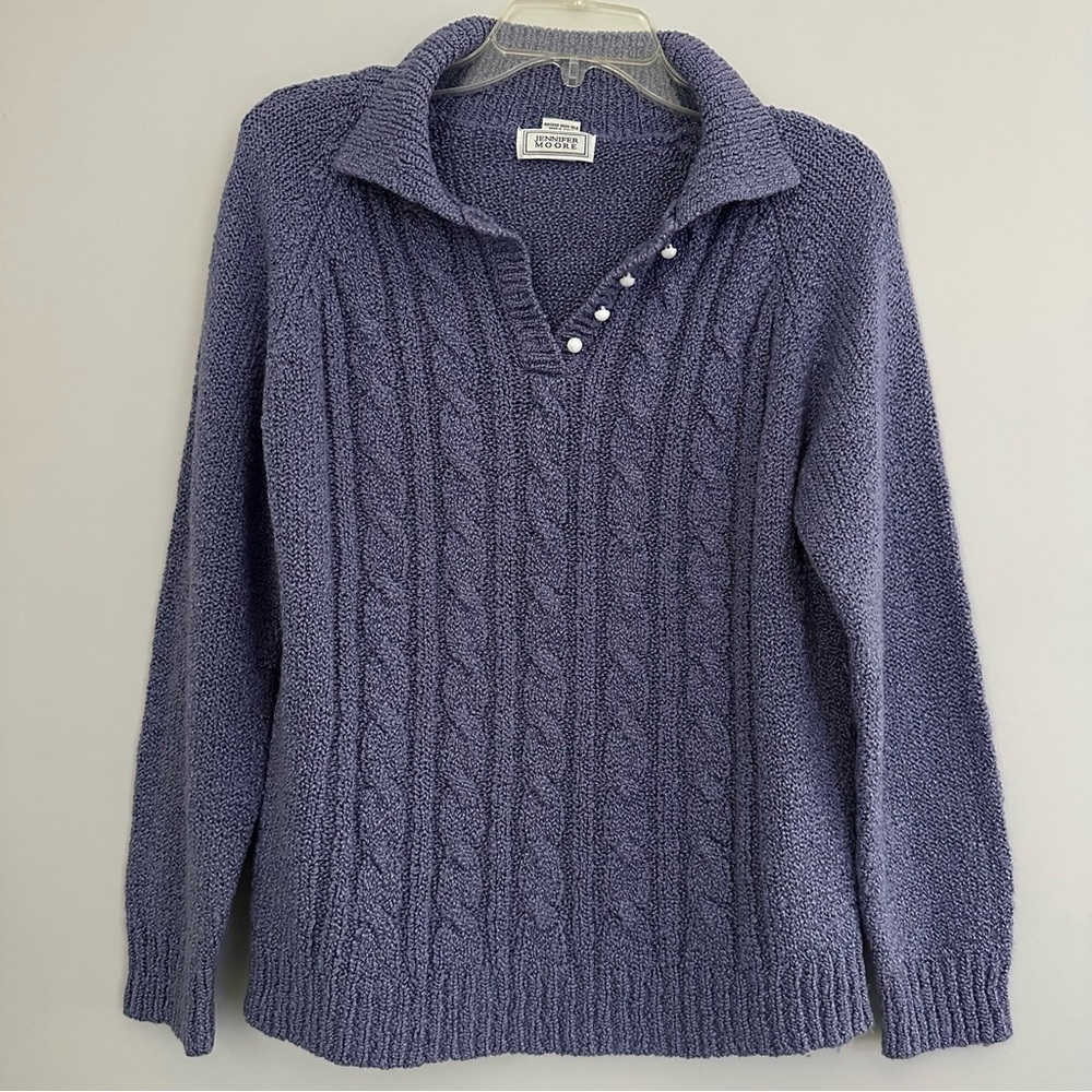 Jennifer Moore Purple Mock neck Cable Knit vintage Sweater with Pearl buttons